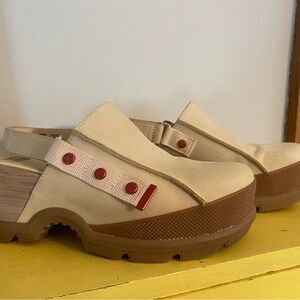Sorel Tan and Brown Mules with Red Details